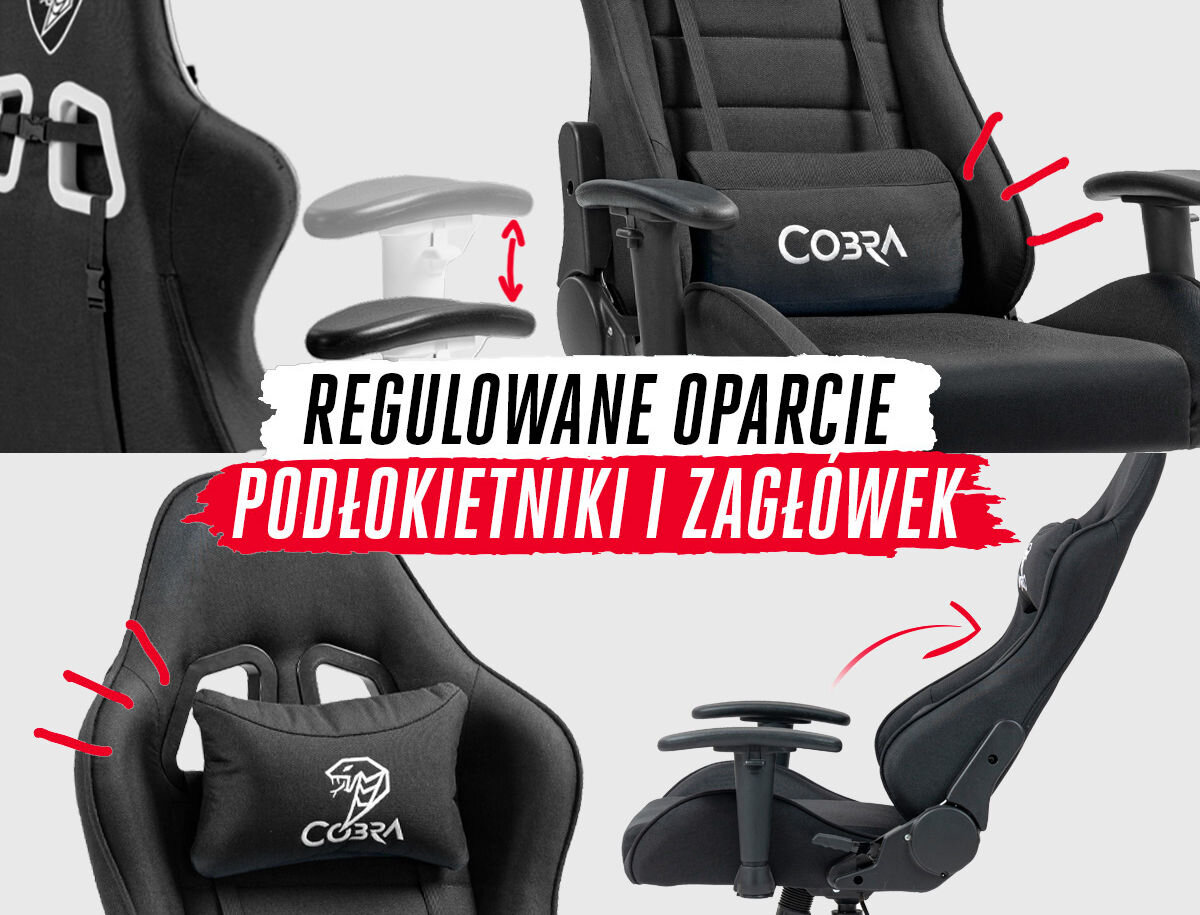 Fotel COBRA Rebel CR206 Czarny Funkcje regulacji fotela Cobra Rebel: regulowane podłokietniki góra-dół, odchylane oparcie oraz zdejmowane poduszki: lędźwiowa i zagłówkowa.