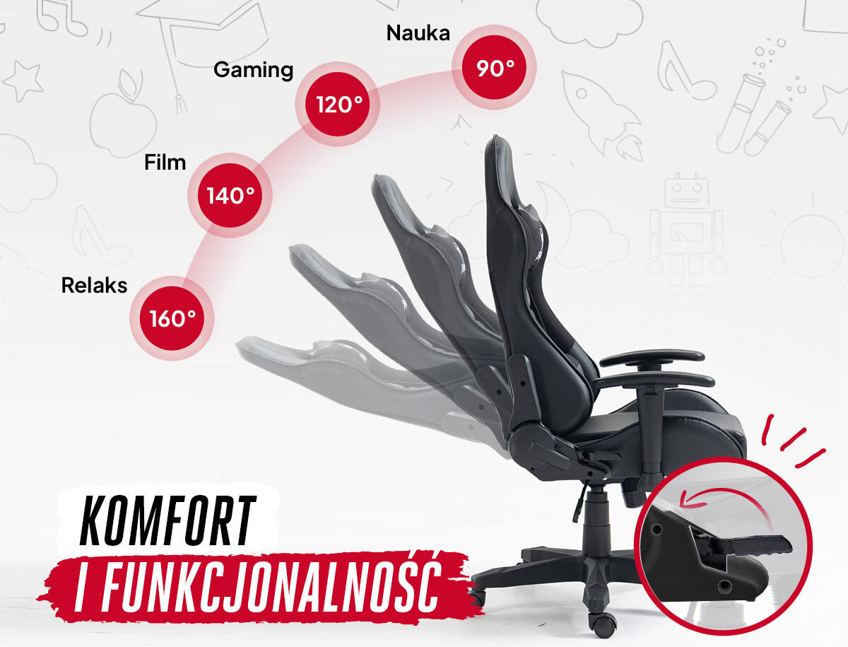 Fotel COBRA Rebel CR206 Czarny Możliwości nachylenia oparcia fotela Cobra Rebel: 90 stopni do nauki, 120 stopni do grania, 140 stopni do oglądania filmów i 160 stopni do relaksu.