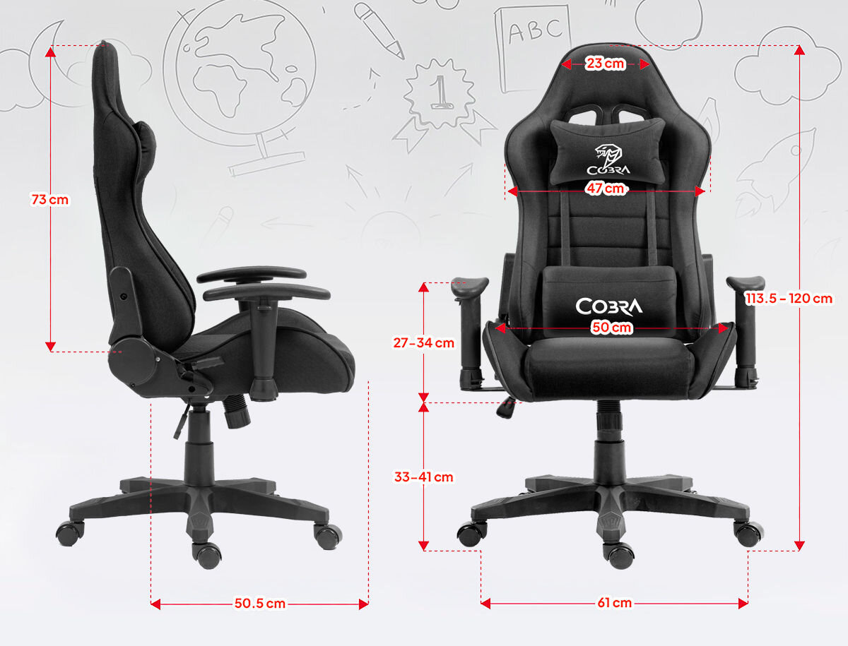 Fotel COBRA Rebel CR206 Czarny Wymiary fotela gamingowego Cobra Rebel. Wysokość całkowita 113,5-120 cm, szerokość siedziska 50 cm, wysokość oparcia 73 cm. Regulowana wysokość siedziska 33-41 cm.