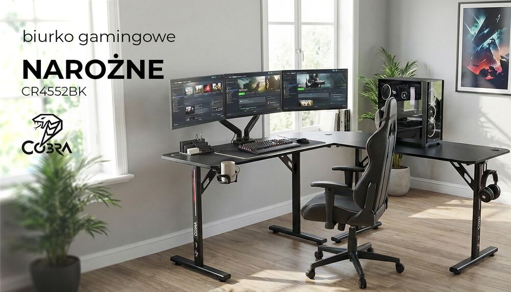Biurko gamingowe COBRA CR4552BK Czarny prezentacja biurka w pokoju napis z marką i modelem logo