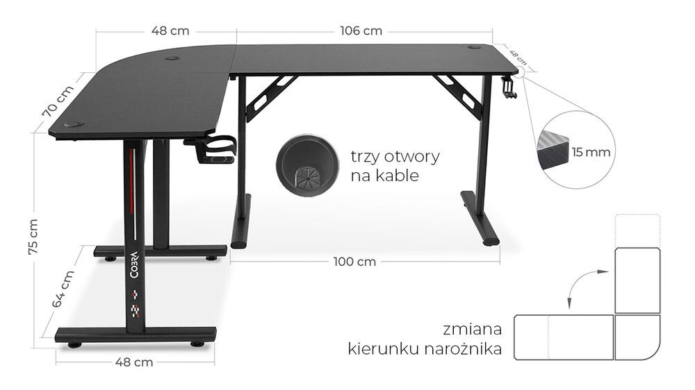 Biurko gamingowe COBRA CR4552BK Czarny prezentacja biurka na białym tle z wymiarami od przodu wymiary stworzenie wygodnego stanowiska zmiana kierunku ustawienia narożnika