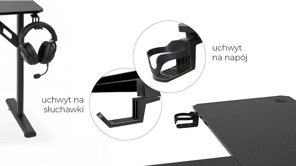 Biurko gamingowe COBRA CR4552BK Czarny zbliżenie na uchwyty białe tło trzy wloty na kable zachowanie porządku uchwyty na słuchawki i bidon