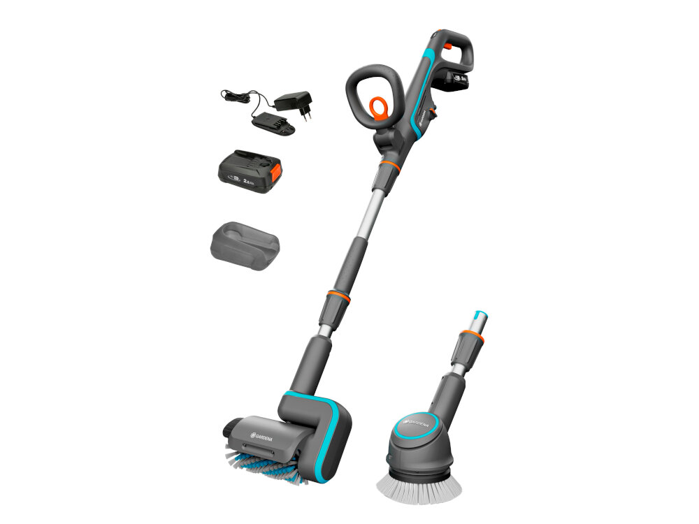 Szczotka akumulatorowa GARDENA AquaBrush Universal 18V P4A 14842-20 zestaw akumulator ladowarka szczotka rolkowa szczotka obrotowa silikonowa oslona zabezpieczajaa akumulator dokumentacja