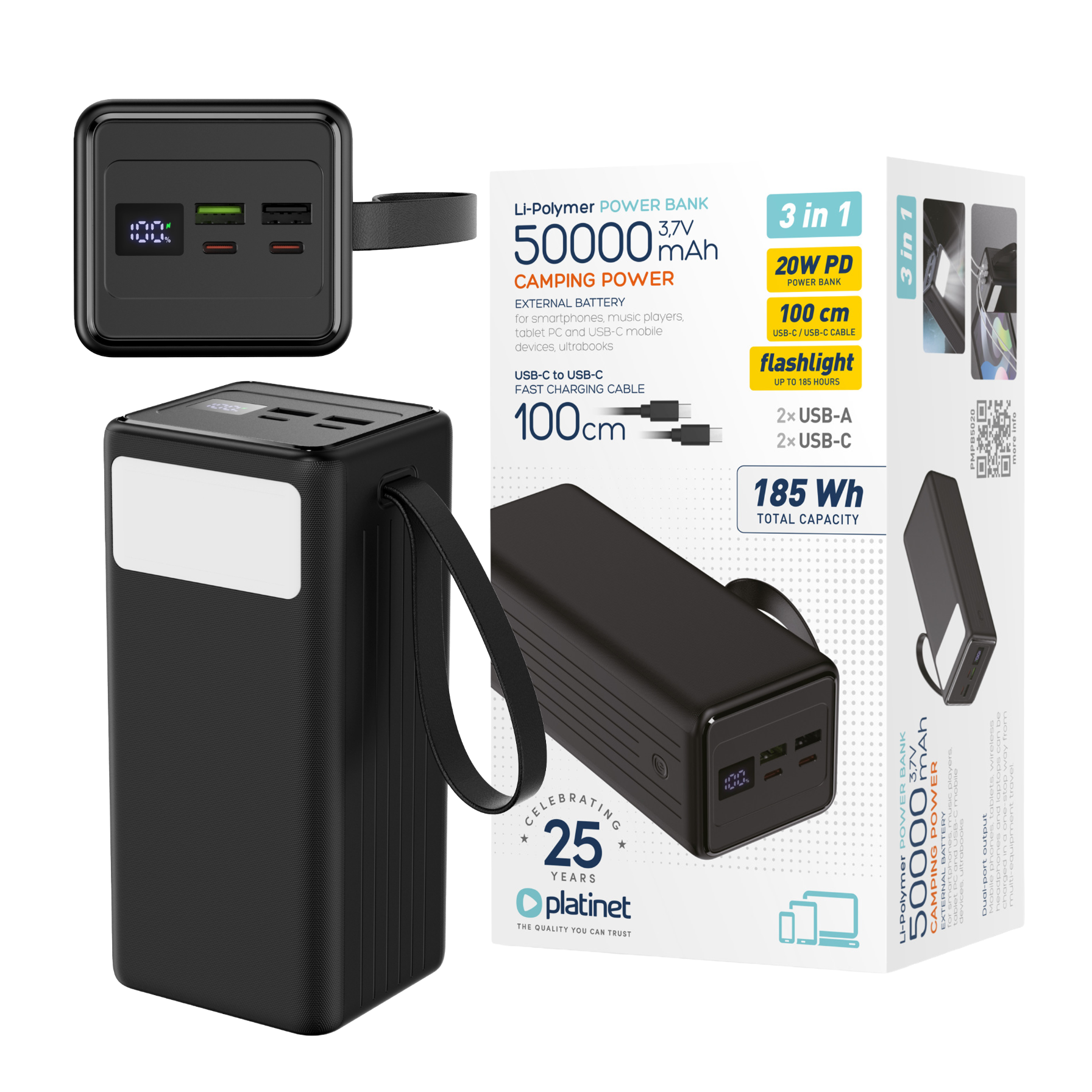 Na obrazie widoczny jest czarny powerbank z trzema portami USB i wyświetlaczem, obok znajduje się opakowanie z napisem \'Li-Polymer POWER BANK 50000 mAh CAMPING POWER\'. Logo \'platinet\' jest umieszczone na opakowaniu, a dodatkowe informacje to \'3 in 1\', \'20W PD\', \'100 cm USB-C/USB-C cable\', \'flashlight\', \'185 Wh TOTAL CAPACITY\'.