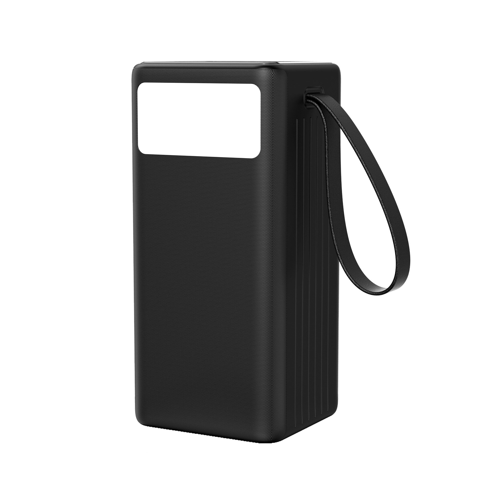Czarny powerbank o prostokątnym kształcie z paskiem do przenoszenia. Na górnej części znajduje się prostokątne, białe pole.