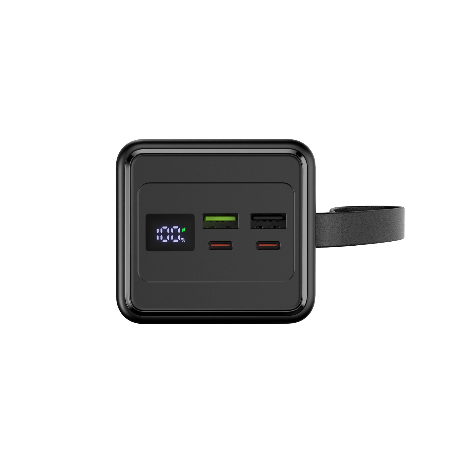 Czarny powerbank z wyświetlaczem pokazującym \'100%\' oraz czterema portami: dwa USB-C, jeden USB-A i jeden w kolorze zielonym. Obok znajduje się pasek do przenoszenia.