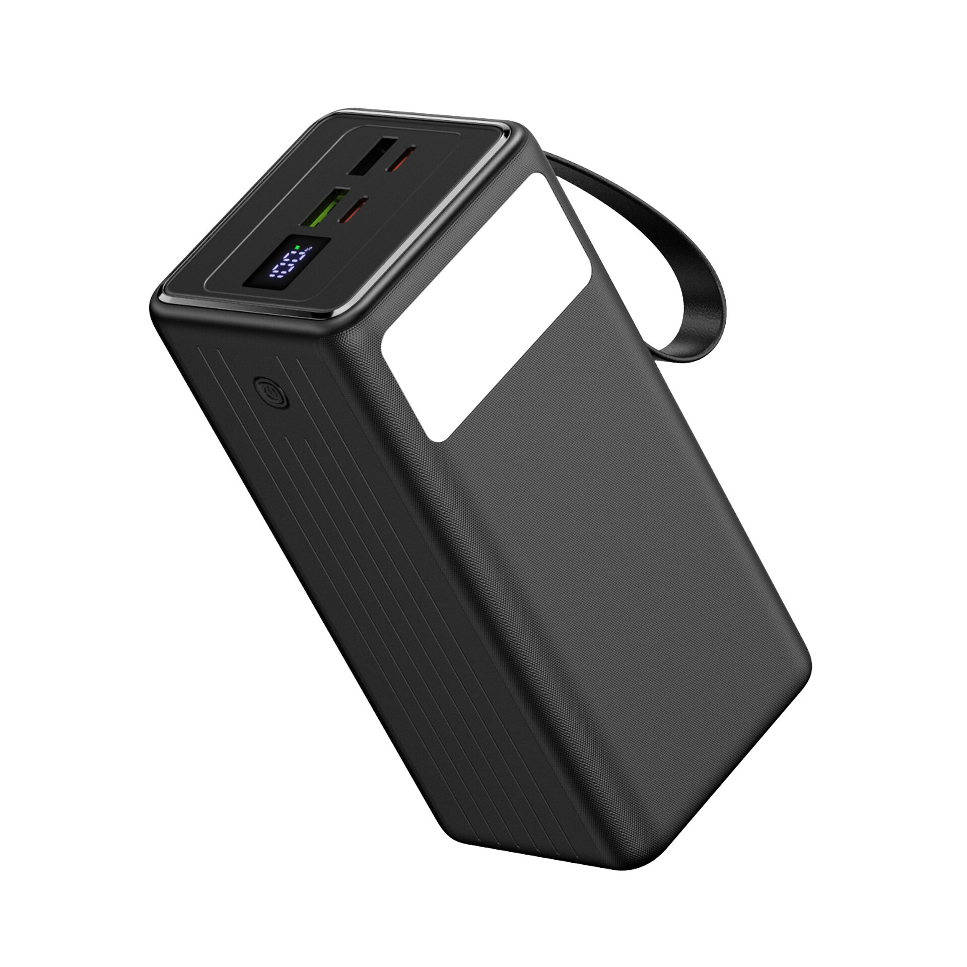 Czarny powerbank z kilkoma portami USB i wyświetlaczem cyfrowym na górnej powierzchni. Posiada pasek do przenoszenia i prostokątną latarkę na boku.