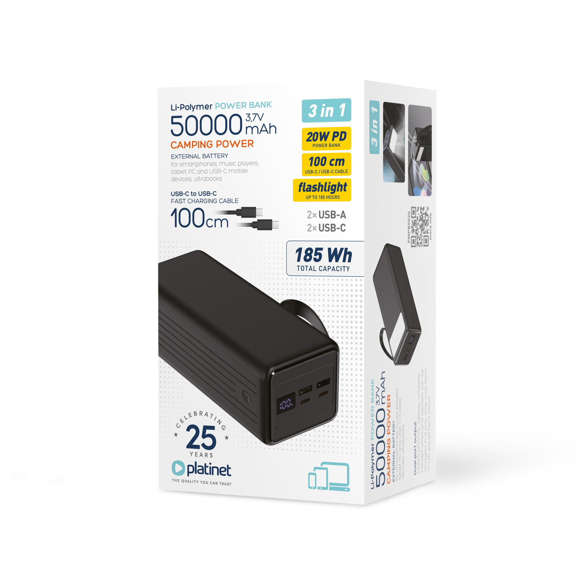 Opakowanie powerbanku Platinet o pojemności 50000 mAh z funkcją latarki i kablem USB-C o długości 100 cm. Na opakowaniu widoczne są informacje o specyfikacji technicznej, takie jak 20W PD, 185 Wh oraz logo Platinet.