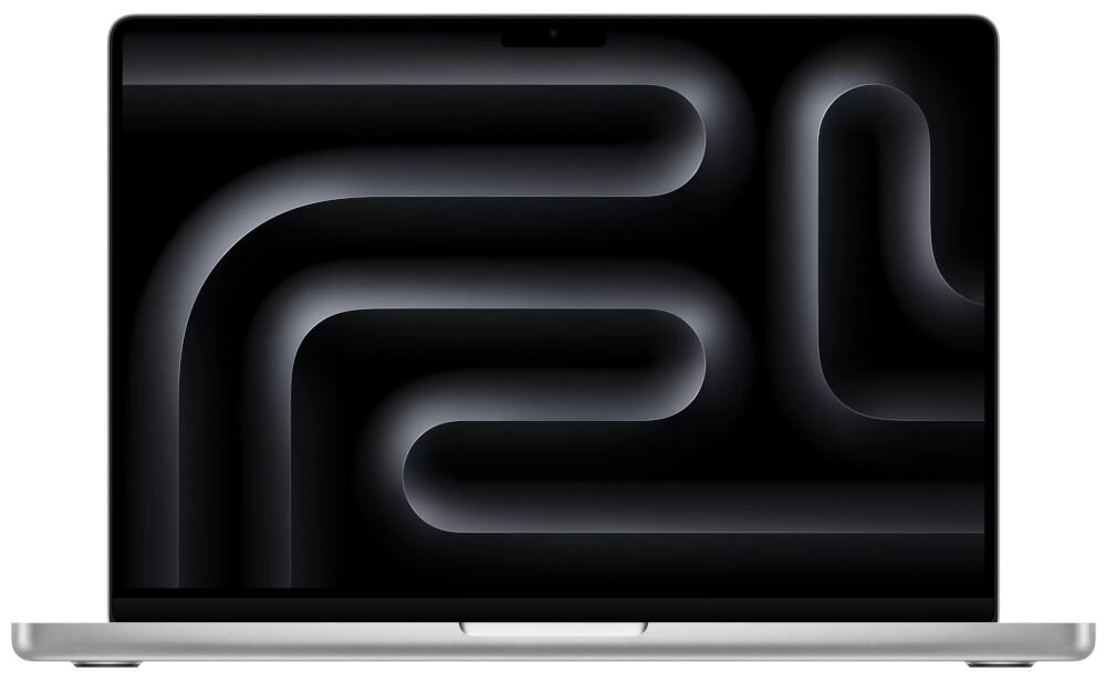 Laptop APPLE MacBook Pro 2023 14 Retina M3 8GB RAM 2TB SSD macOS Srebrny
					wyrazisty ekran, wyświetlacz Liquid Retina XDR, paleta barw P3, kontrast, który sprawia, że kolory są realistyczne i nasycone,
					jasność do 600 nitów, technologia True Tone, rozdzielczość ekranu 3024 x 1964 px,
					laptop na białym tle od frontu, na ekranie ciemna grafika