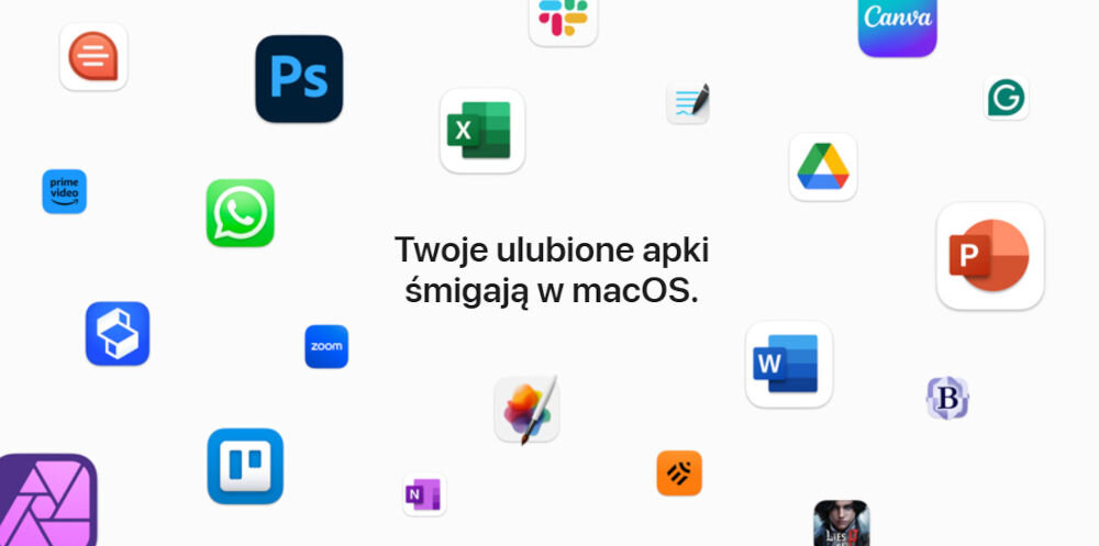 Laptop APPLE MacBook Air 2023 15.3 Retina M2 8GB RAM 512GB SSD macOS Gwiezdna szarość
					potężne wbudowane apki, wbudowane aplikacje APPLE, FaceTime, Freeform, zdjęcia, Keynote,
					ikonki aplikacji na białym tle, napis Twoje ulubione apki śmigają w macOS