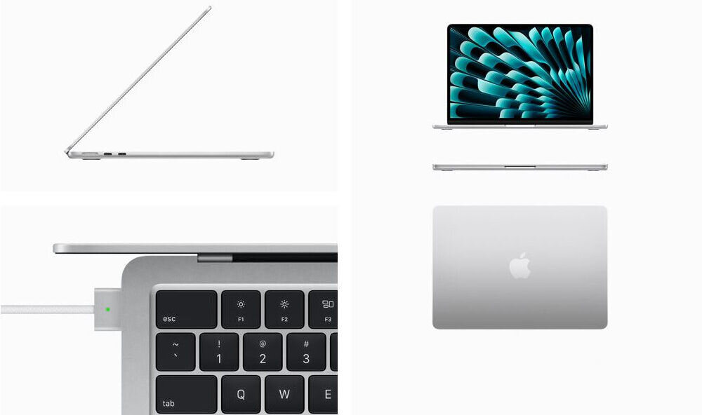 Laptop APPLE MacBook Air 2023 15.3 Retina M2 8GB RAM 512GB SSD macOS Gwiezdna szarość 
					Łatwa migracja danych, asystent migracji,
					laptop z pięciu perspektyw - od boku w uniesionym ekranem, od frontu z widocznym ekranem,
					od frontu złożony, od góry zamknięty, zbliżenie na klawiaturę i podłączony kabel MagSafe 3