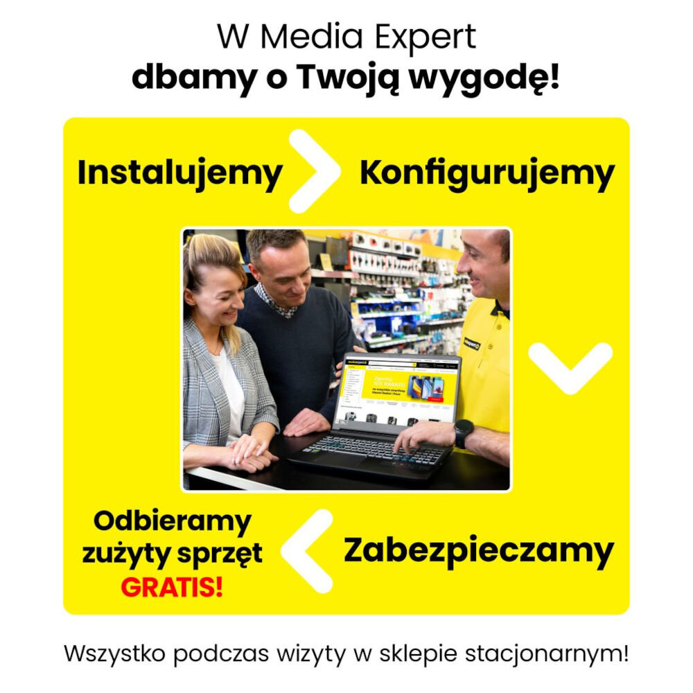 Usługa MediaExpert - Zadbaj o swoją wygodę, możliwość skonfigurowania sprzętu przez pracownika, możliwość skonfigurowania zabezpieczeń, założenia partycji HDD oraz sparowania urządzeń, takich jak mysz czy drukarka