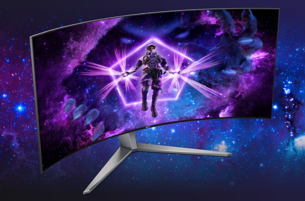 Monitor AOC Agon Pro AG456UCZD Zakrzywiony monitor z wyświetloną postacią science-fiction na tle fioletowej mgławicy i galaktyk, głośniki, moc, dźwięk