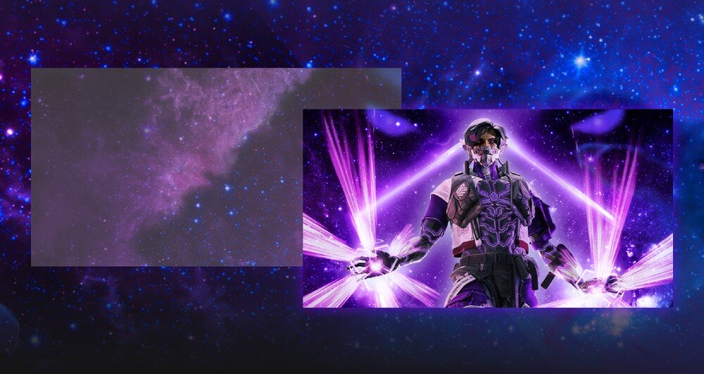 Monitor AOC Agon Pro AG456UCZD Zestawienie dwóch fragmentów obrazu. Po lewej częściowo zamglona scena kosmosu, po prawej wyraźna postać science-fiction na tle fioletowych efektów, obsługa HDR, jasność