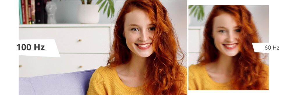 Monitor AOC 24B3CA2 Grafika porównująca dwa zdjęcia rudej kobiety z uśmiechem: lewe w 100 Hz jest ostrzejsze i wyraźniejsze niż prawe w 60 Hz