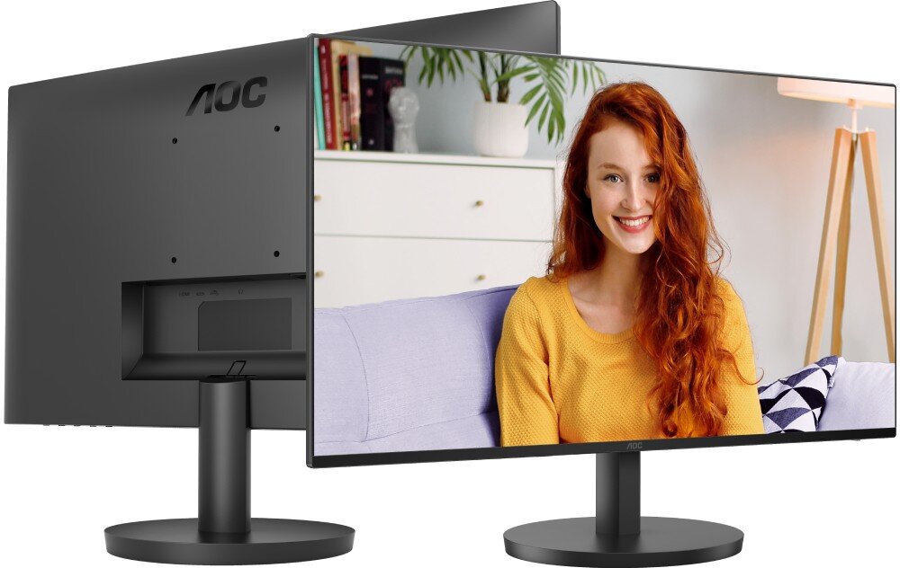 Monitor AOC 24B3CA2 Tylny widok czarnego monitora z logo AOC, stojaka z regulacją pochylenia i panelu z portami USB-C oraz innymi złączami