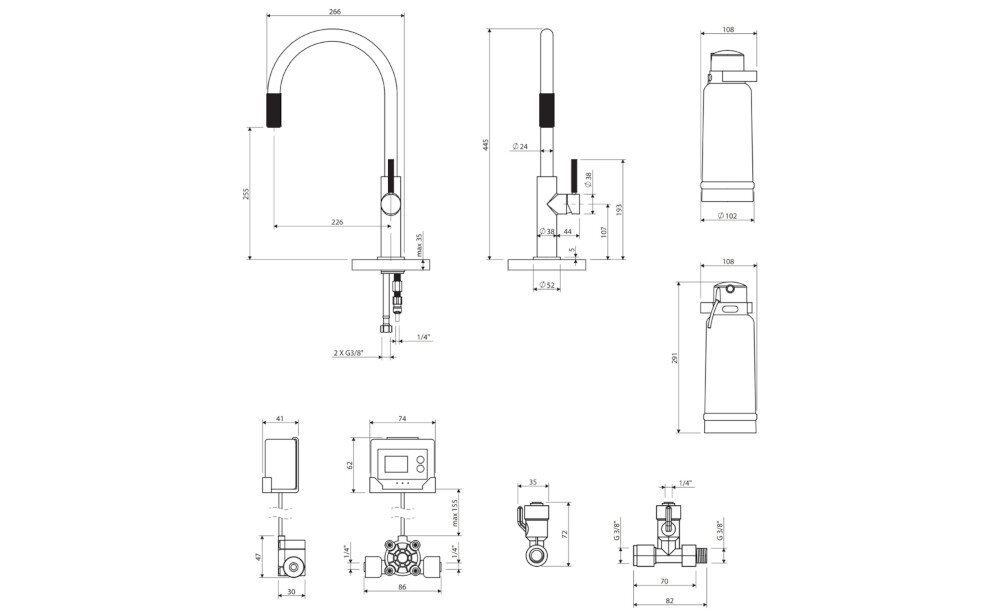 BATERIA KUCHENNA OMNIRES SWITCH Z FILTREM SW9057-FD1CR Chrom wymiary Wysokość korpusu Wysokość wylewki Zasięg wylewki Otwór montażowy