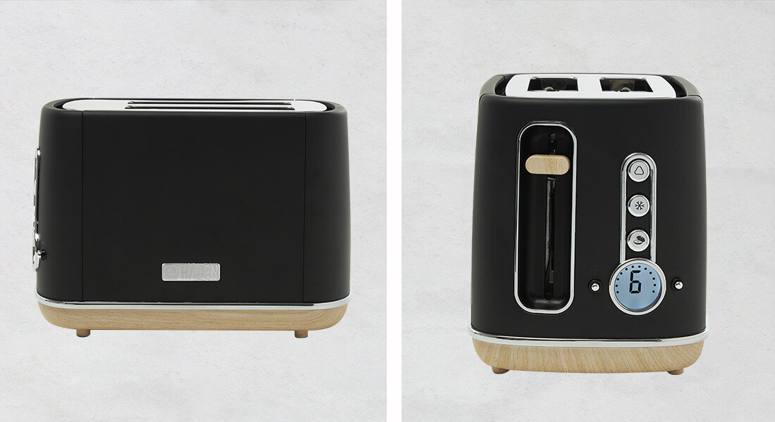 Toster HADEN Dorchester Czarny Wydajny komfortowy dwie szerokie szczeliny przycisk anulowania pracy funkcja rozmrażania odgrzewania opiekania funkcja centrowania sześć stopni kontroli 