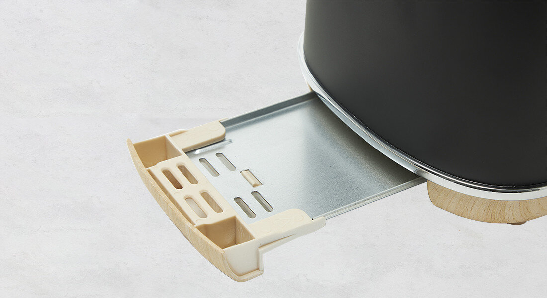 Toster HADEN Dorchester Czarny Praktyczny bezpieczny automatyczny wyłącznik antypoślizgowe gumowe nóżki zwijany kabel tacka na okruchy