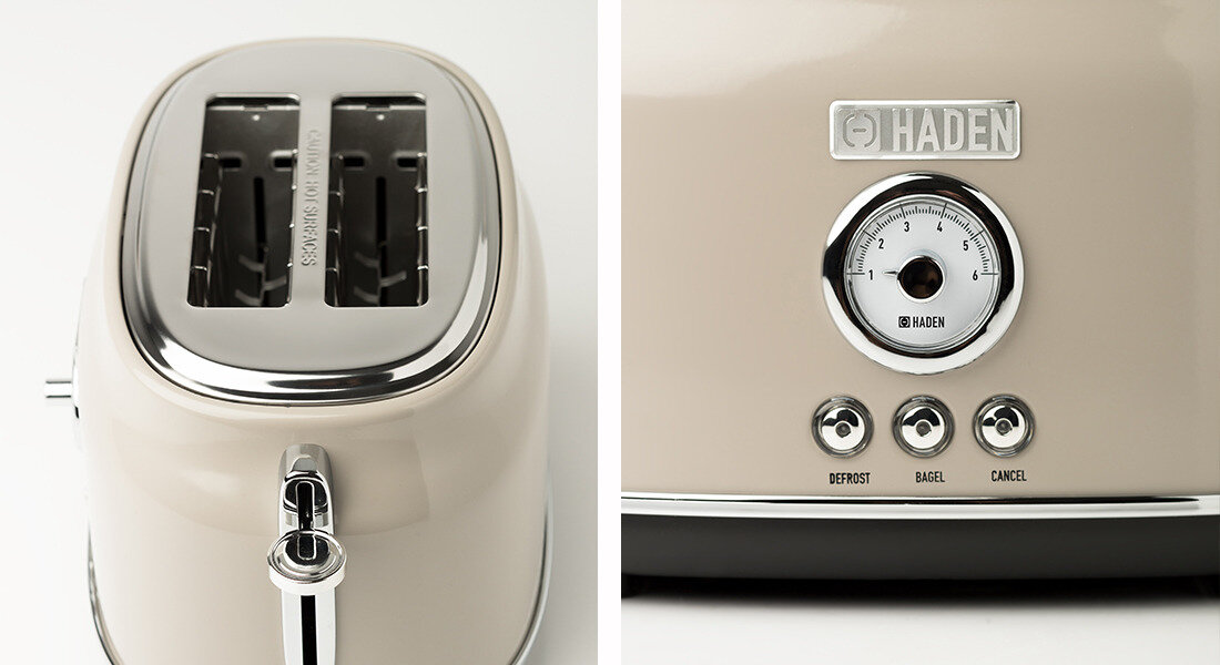 Toster HADEN Dorset Beżowy Wydajny komfortowy dwie szerokie szczeliny przycisk anulowania pracy funkcja rozmrażania odgrzewania opiekanie 6 stopni kontrola funkcja centrowania
