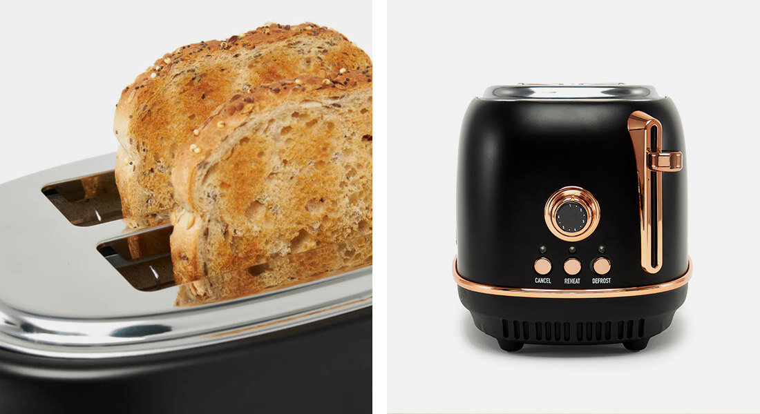 Toster HADEN Heritage 75059 Czarno-miedziany Wydajny komfortowy dwie szerokie szczeliny przycisk anulowania pracy funkcja rozmrażania odgrzewanie opiekanie 6 stopni kontrola oczekiwania