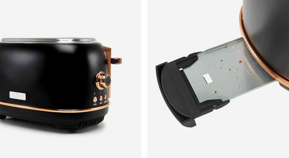 Toster HADEN Heritage 75059 Czarno-miedziany Praktyczny bezpieczny zwijany kabel oszczędność miejsca tacka na okruchy automatyczny wyłącznik antypoślizgowe gumowe nóżki