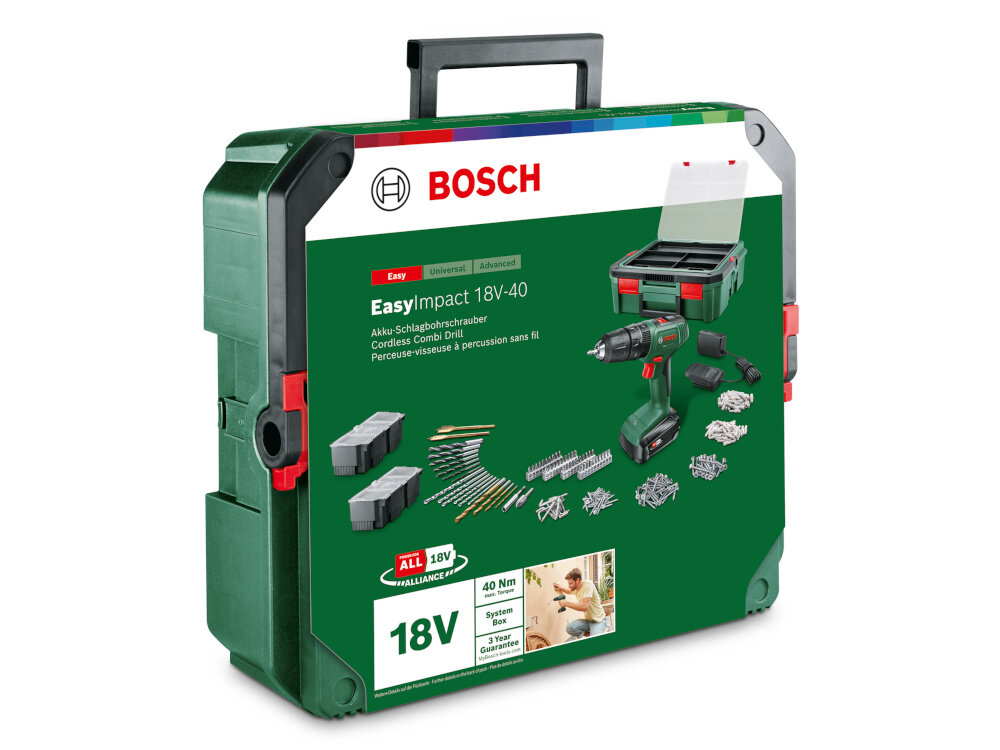 Wiertarko-wkrętarka udarowa BOSCH EasyImpact 18V-40 Zestaw-wkrętarka BOSCH EasyImpact 18V-40 Zestaw wysokiej klasy elektronarzedzie walizka transportowa odpowiednie zabezpieczenie sprzetu z trwalego wytrzymalego tworzywa sztucznego wysoka odpornosc na uderzenia