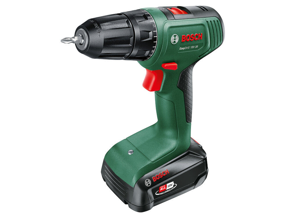 Wiertarko-wkrętarka BOSCH EasyDrill 18V-38 06039D8003 wiertarko-wkrętarka na białym tle szeroki zakres prac montażowych i instalacyjnych łączy funkcje wiercenia oraz wkręcania do pracy z drewnem metalem i materiałami budowlanymi zasilanie akumulatorowe