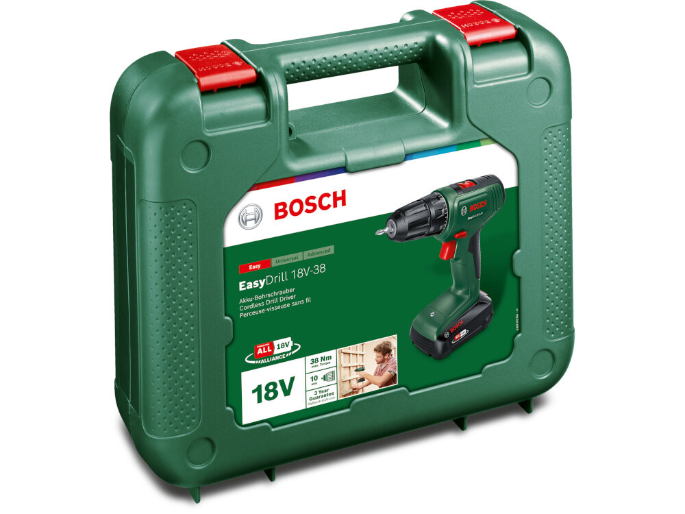 Wiertarko-wkrętarka BOSCH EasyDrill 18V-38 06039D8003 walizka na białym tle wysokiej klasy elektronarzędzie walizka transportowa zabezpieczy sprzęt podczas przenoszenia i transportu z niezwykle twardego i wytrzymałego tworzywa sztucznego wysoka odporność na uderzenia