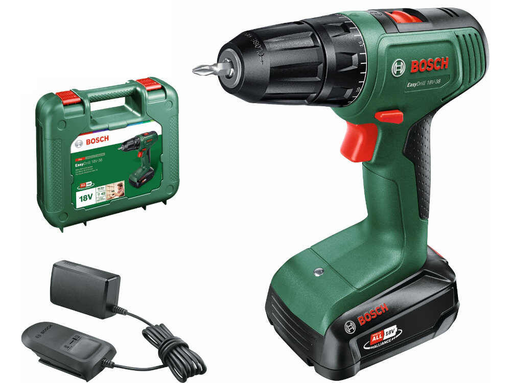 Wiertarko-wkrętarka BOSCH EasyDrill 18V-38 06039D8003 zestaw na białym tle w zestawie wiertarko-wkrętarka akumulator ładowarka klucz montażowy śruba bitowa dokumentacja