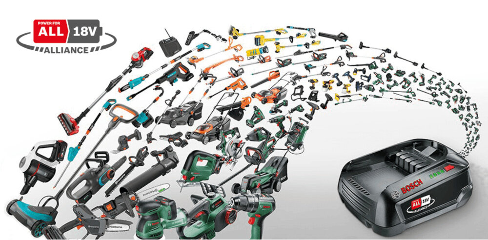 Wiertarko-wkrętarka BOSCH EasyDrill 18V-38 06039D8003 akumulator na jasnym tle wokół akumulatora różne narzędzia ogrodowe i elektronarzędzia zasilane jest akumulatorem o napięciu 18 V należy do systemu 18 V POWER FOR ALL ALLIANCE w zestawie akumulator litowo-jonowy o pojemności 2,0 Ah ładowarka akumulator w 100% naładowany pozwala na około 60 minut pracy