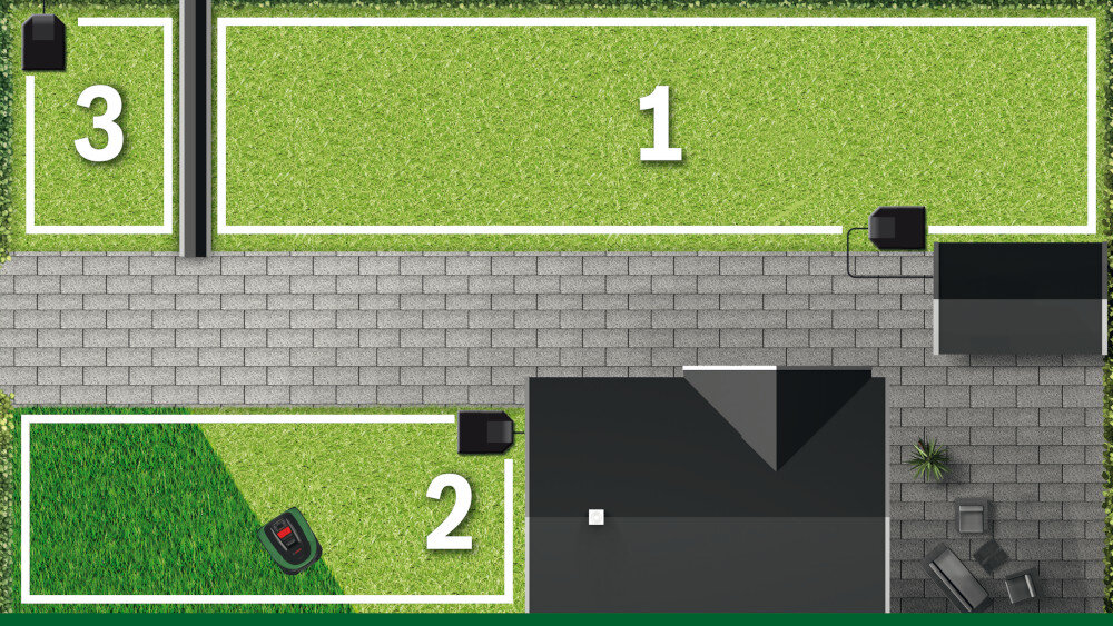 Robot koszący BOSCH Indego XS 300 06008B0003 funkcja MultiArea automatyczne kozenie trawnika na trzech obszarach maksymalna powierzchnia koszenia do 300 m2 funkcja LogiCut uchyt waga 8 kg latwe przenoszeni prosty w obsludze rozrusznik