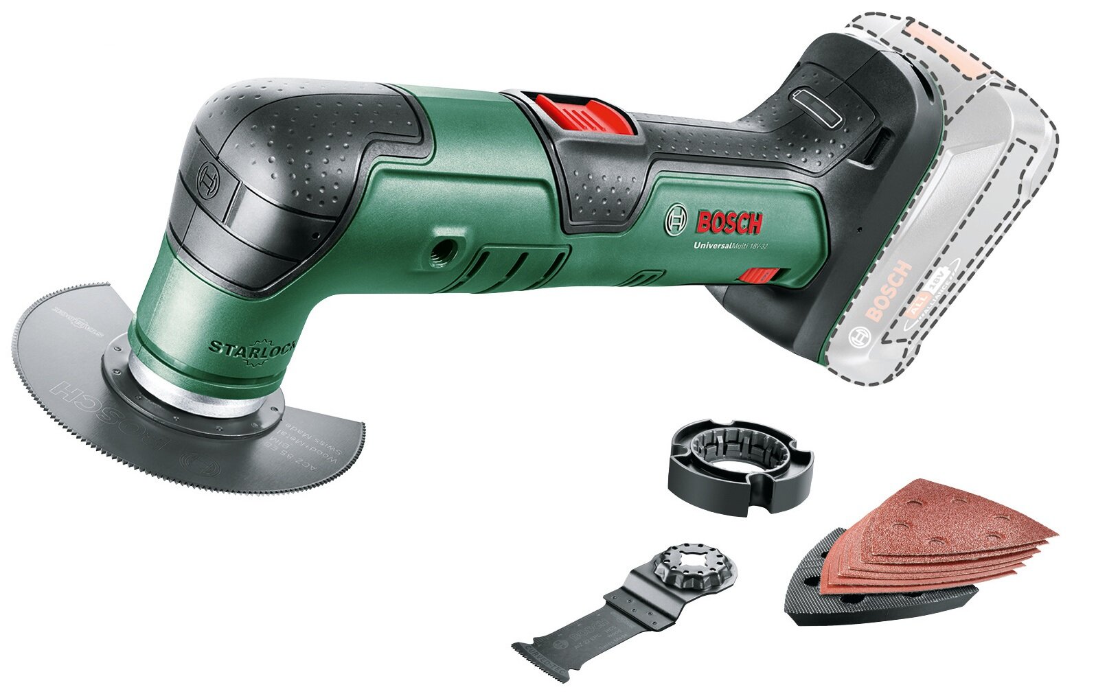 Narzędzie wielofunkcyjne BOSCH UniversalMulti 18V-32 zestaw na białym tle w zestawie narzędzie wielofunkcyjne brzeszczot do cięcia wgłębnego nakładki polerskie klucz sześciokątny dokumentacja