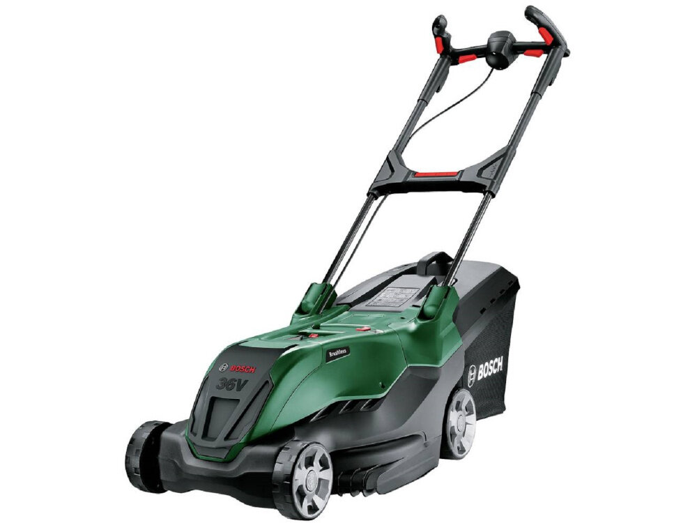 Kosiarka akumulatorowa BOSCH AdvancedlRotak 36V-44-750 06008B9G00 kosiarka na białym tle widoczna od przodu pod skosem wygodne ciche koszenie trawy bez kabli spalin i hałasu do trawników o powierzchni do 750 m² ergonomiczna konstrukcja zasilanie akumulatorowe łatwa obsługa