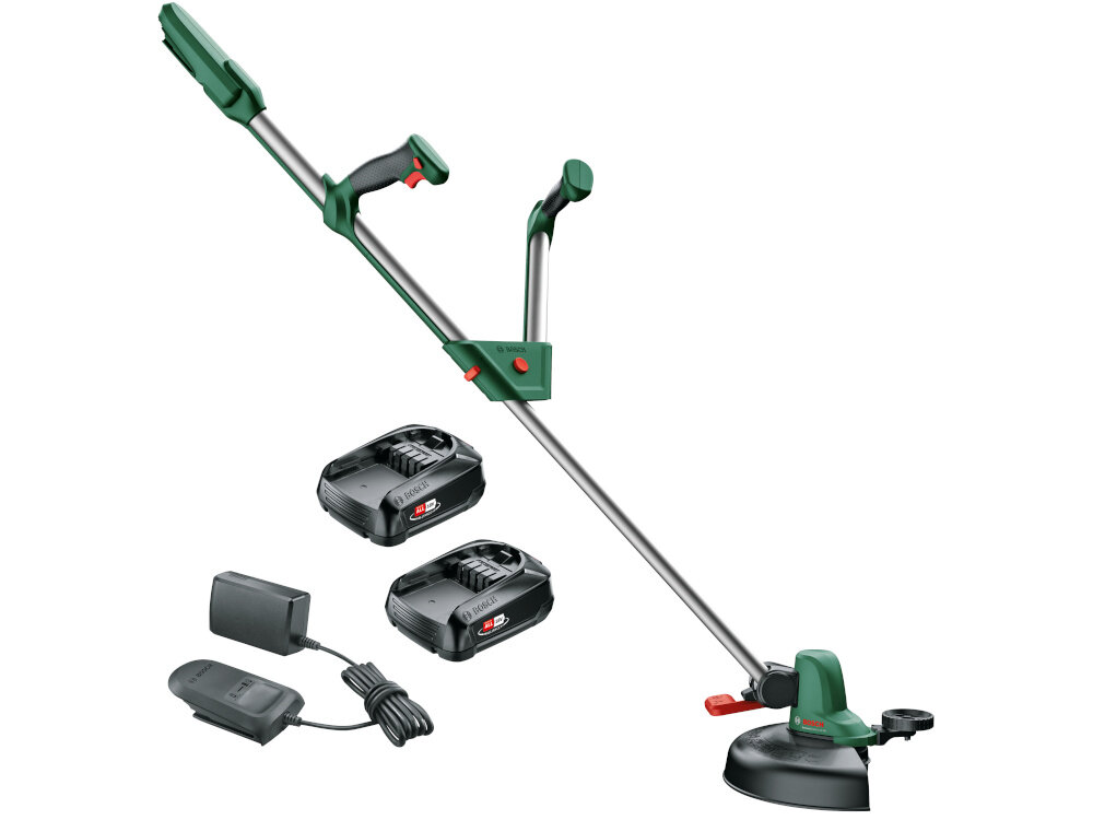 Podkaszarka akumulatorowa BOSCH UniversalGrassCut 06008C1D05 zestaw na białym tle w zestawie podkaszarka dwa akumulatory ładowarka głowica tnąca z żyłką dokumentacja