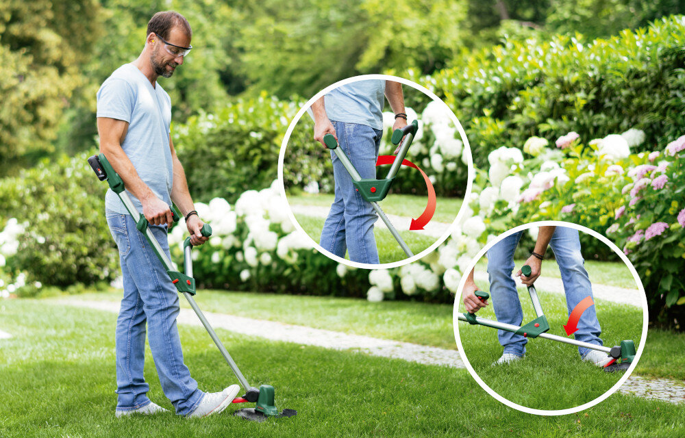 Podkaszarka akumulatorowa BOSCH UniversalGrassCut 06008C1D05 ogród trawnik osoba przycina trawę w tle kwiaty krzewy obok w kółkach pokazane możliwości złożenia uchwytu waga 2,7 kg dobrze wyważona ergonomiczny uchwyt w kształcie litery V regulacja wysokości w zakresie od 120 do 140 cm wygodna postawa podczas pracy efektywność i komfort