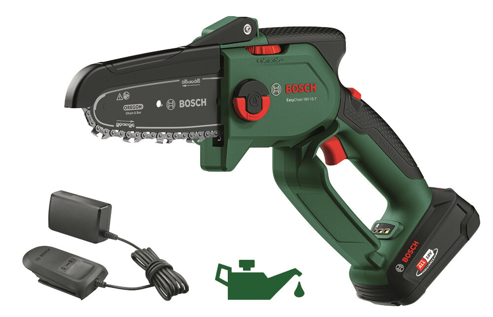 Piła do gałęzi BOSCH Easy Chain 18V-15-7 zestaw akumulator ladowarka pojemnik z olejem 50 l napinacz lancucha dokumentacja