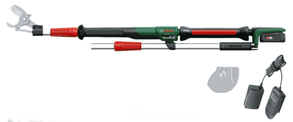 Sekator akumulatorowy BOSCH AdvancedPrune 18V-45 06008C5000 zestaw na białym tle w zestawie sekator akumulator ładowarka wysięgnik osłona ostrzy dokumentacja