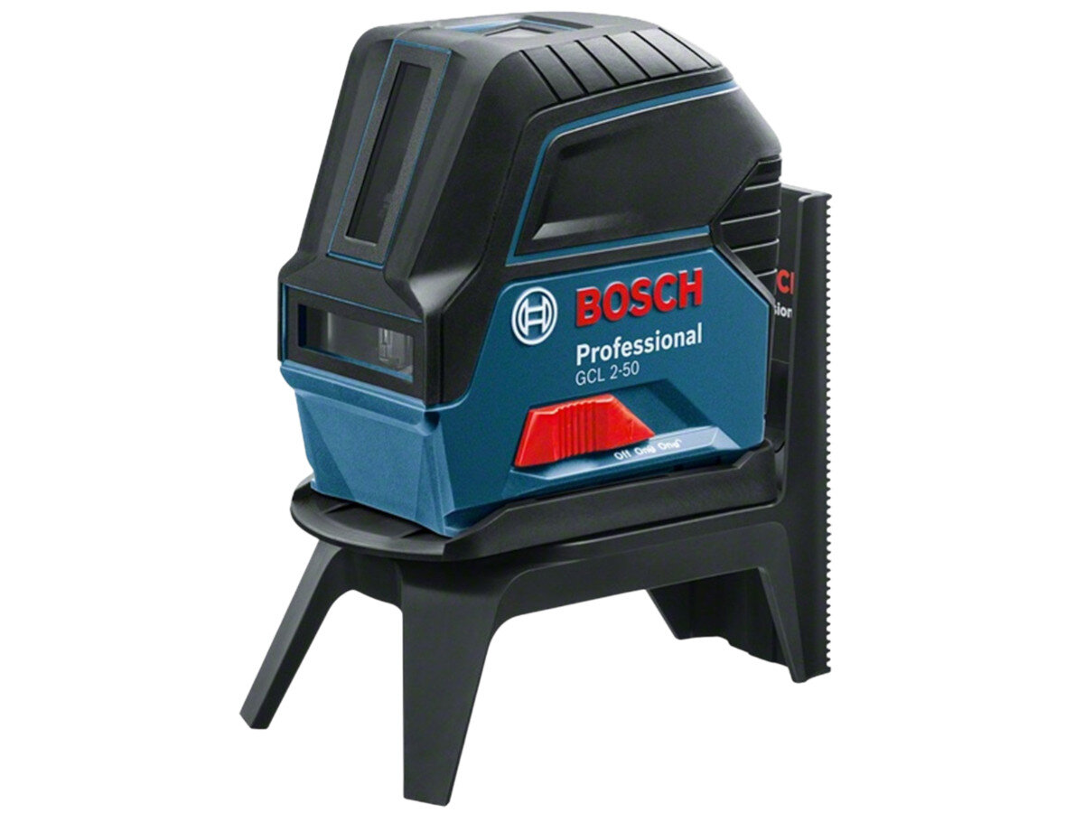 Na obrazie widoczny jest laser liniowy w kolorze niebiesko-czarnym z napisem \'BOSCH Professional GCL 2-50\'. Urządzenie stoi na czarnym stojaku.