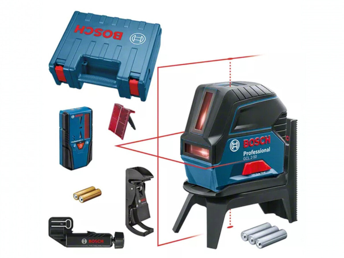 Na obrazie znajduje się laser liniowy z napisem \'BOSCH Professional GCL 2-50\', zestaw akcesoriów oraz niebieska walizka z logo BOSCH. Widać również baterie, uchwyt montażowy i detektor laserowy.