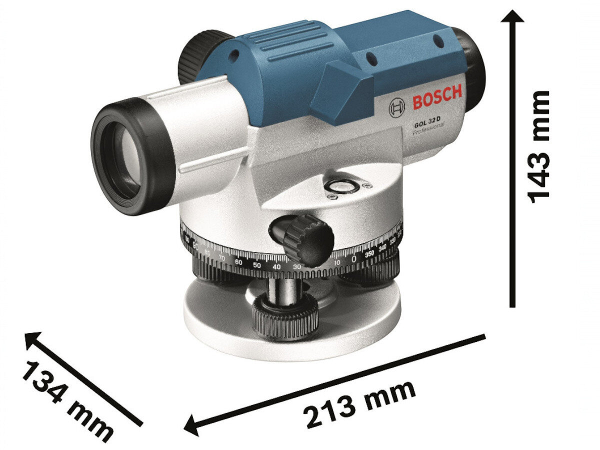 Niwelator optyczny z niebiesko-srebrną obudową, oznaczony logo BOSCH i napisem GOL 32 D. Wymiary urządzenia to 134 mm, 213 mm i 143 mm.
