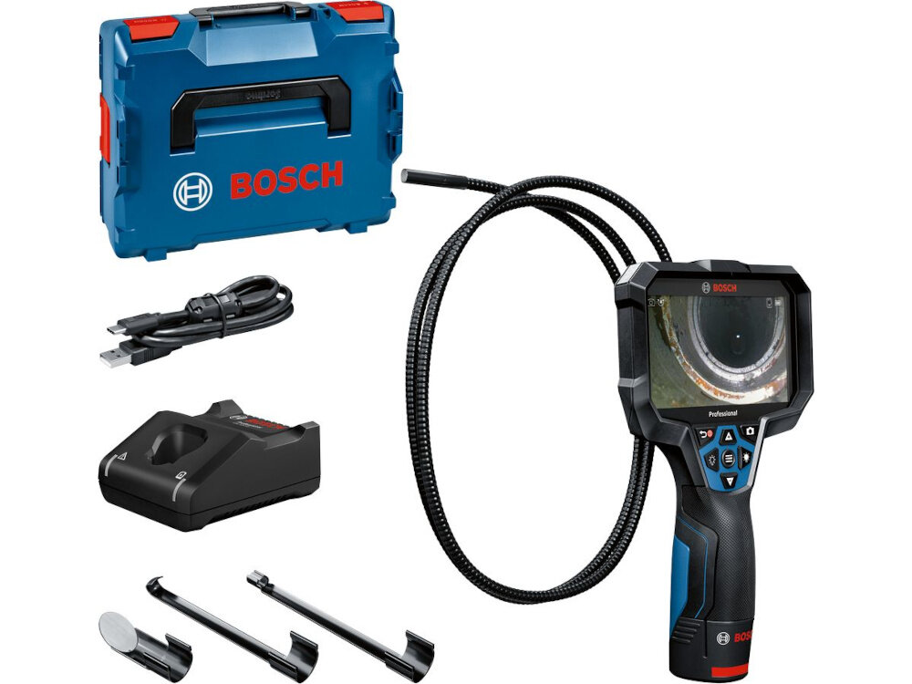 Kamera inspekcyjna BOSCH GIC 12V-5-27C 0601241401 zestaw na białym tle w zestawie kamera akumulator ładowarka hak magnes lusterko walizka przewód kamery karta pamięci micro SD o pojemności 32 GB kabel USB-A/USB-C dokumentacja