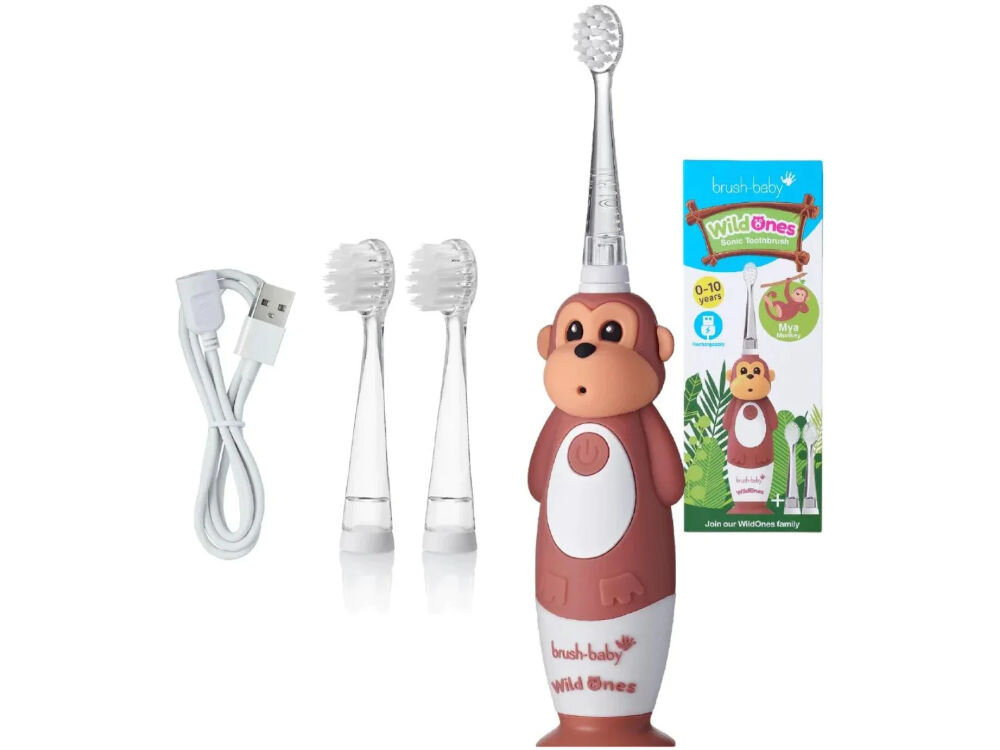 Szczoteczka soniczna BRUSH-BABY WildOnes Małpka szczoteczka soniczna zwierzątko wymienne końcówki przewód ładujący USB-A