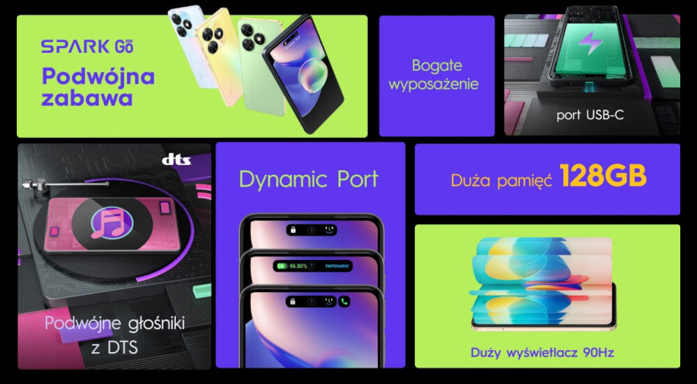 Smartfon TECNO SPARK GO 2024 ekran bateria aparat procesor ram pamięć pojemność rozdzielczość zdjęcia filmy opis dane cechy blokady system łączność wifi bluetooth obudowa szkło odporność porty muzyka transfer sieć przekątna matryca waga czujniki oled amoled ipse