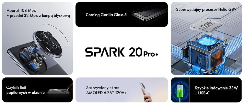 Smartfon TECNO Spark 20 Pro+    ekran bateria aparat procesor ram pamięć pojemność rozdzielczość zdjęcia filmy opis dane cechy blokady system łączność wifi bluetooth obudowa szkło odporność porty muzyka transfer sieć przekątna matryca waga czujniki oled amoled ips