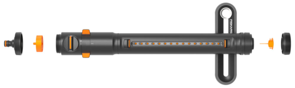 Zraszacz FISKARS 1070832, przyłącze, uniwersalne, kompatybilne, podłączenie, na białym tle zraszacz od góry z rozmontowanymu końcówkami