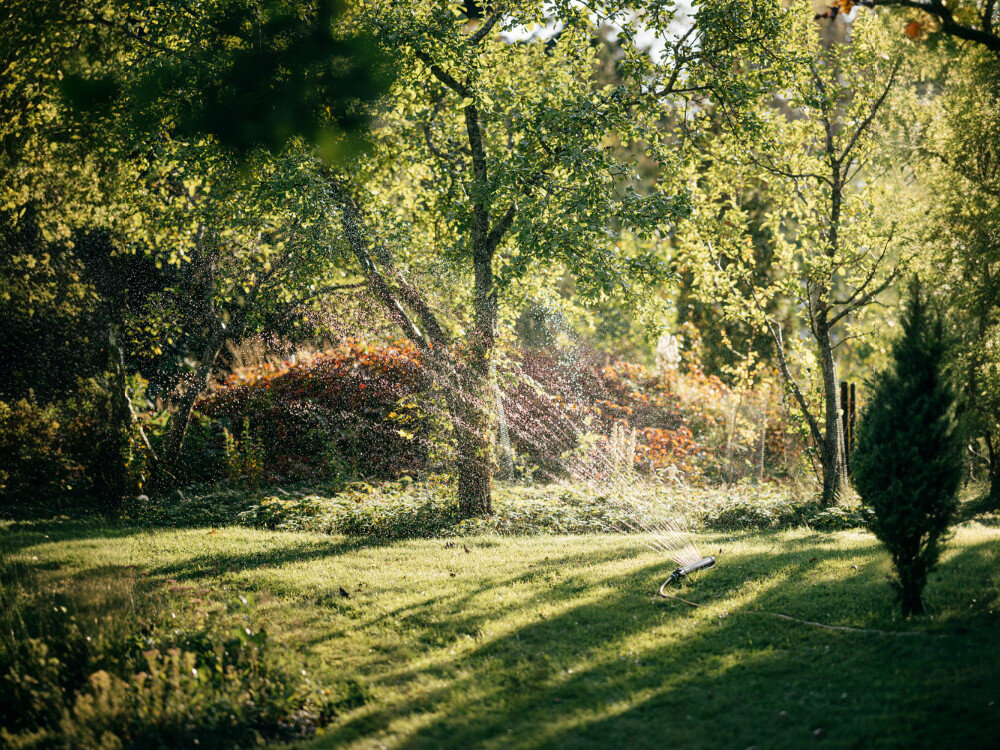 Zraszacz FISKARS 1070832, antypoślizgowe, sterowanie, wymiary, wygoda, zraszacz pracuje w ogrodzie pośród krzewów i drzew