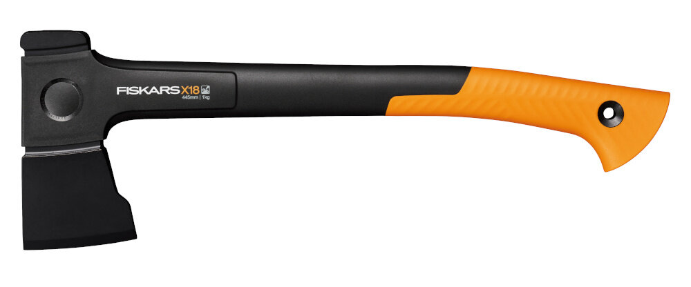Siekiera uniwersalna FISKARS X18 S 1069103 wygoda bezpieczenstwo trzonek z ultralekkiego bardzo wytrzymalego tworzywa FiberComp niemal niezniszczalny skutecznie opiera sie blednym uderzeniom waga 1 kg szerokosc 15,2 cm poreczna latwa w manewrowaniu