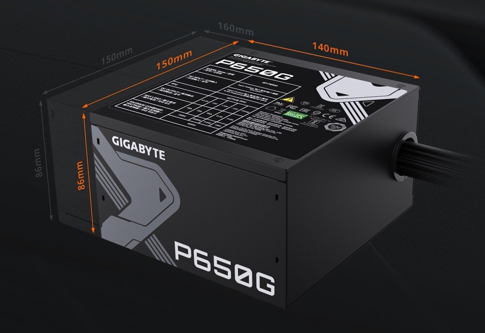 Zasilacz GIGABYTE P650G Zasilacz komputerowy z naniesionymi pomarańczowymi liniami wymiarowania wskazującymi jego długość, szerokość i wysokość