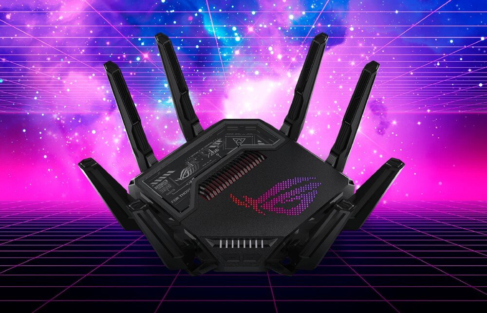 Router ASUS ROG Rapture GT-BE98 Router z wieloma antenami ustawiony na tle różowo-fioletowej grafiki w stylu retro, opis